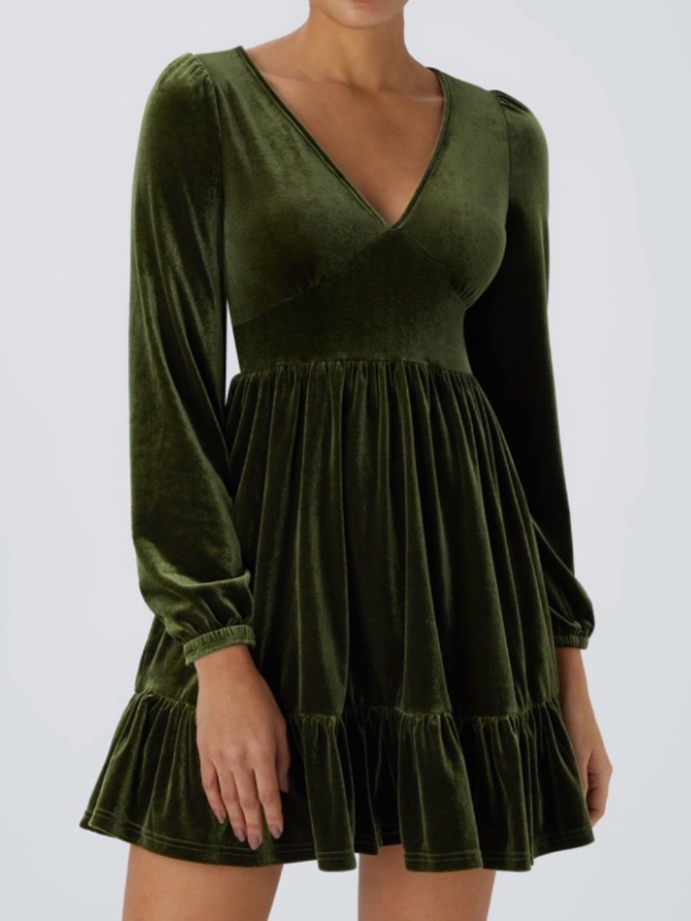HALARA Green Velvet Babydoll Mini Deep V Neck Empire Waist Ruffle Hem NWT Large